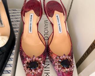 Manolo Blahnik crystal-embellished snakeskin slingback pumps