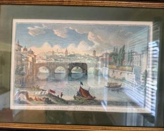 Framed colored etching by the renowned 18th-century Italian artist and engraver Giuseppe Vasi (1710–1782). The piece is titled "Veduta di Ponte Sisto" (View of Ponte Sisto). It is part of Vasi's monumental 10-volume masterwork, Delle Magnificenze di Roma Antica e Moderna ("Of the Magnificences of Ancient and Modern Rome"), published between 1747 and 1761.