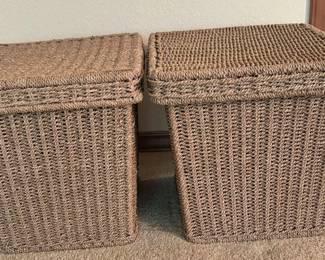 Pair Of Woven Wicker Lidded Storage Bins