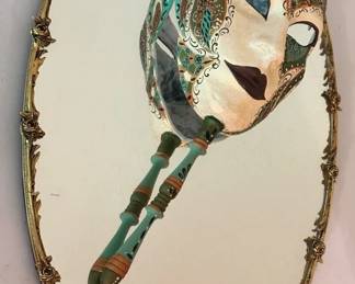 Gold Metal Rose Motif Mirror And Papier Mache Venetian Mask