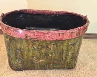 Large Woven Basket With Painted Lacquer Overlay