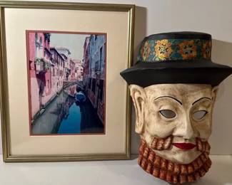 Venice Canal Framed Photograph And Venetian Papier Mache Mask