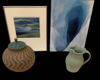 Signed Lee Rentz Watercolor Artful Ceramics and Photograph on Metal