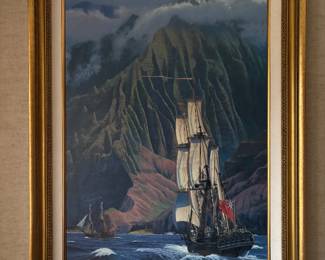 Large framed ship painting 