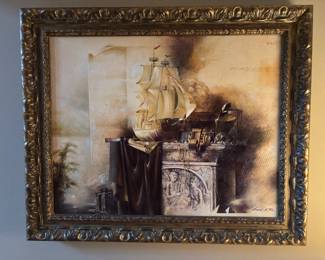 Large framed ship painting 