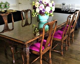  Parquet Topped Dining Table, 8  Chairs. 1 Leaf
