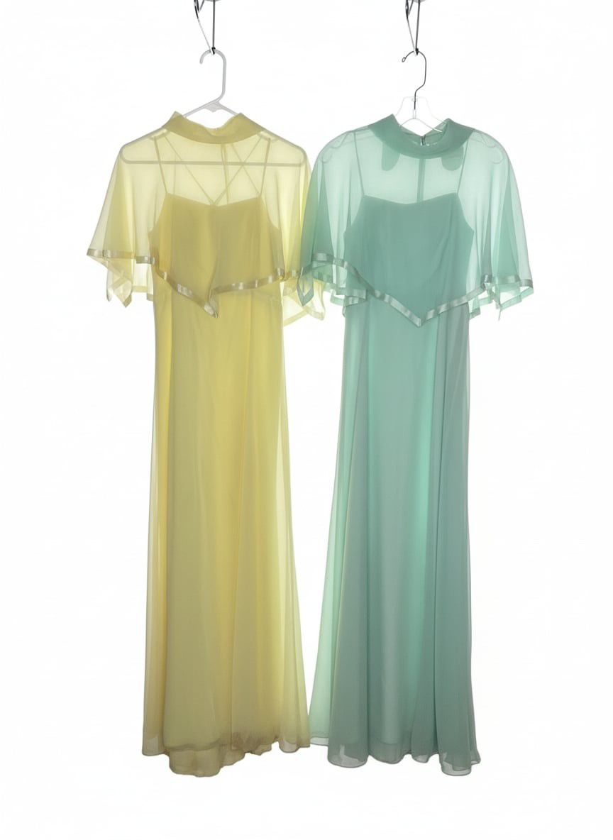 Vintage 1970s Formal Dresses with Capelet Sleeves