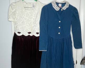 Girls' Blue Corduroy Dress and White/Burgundy Brocade Dress Vtg