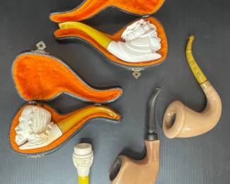 Carved Meerschaum and Briar Pipes with Cases