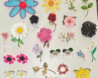 Vintage Enamel Flower Brooches & Earrings