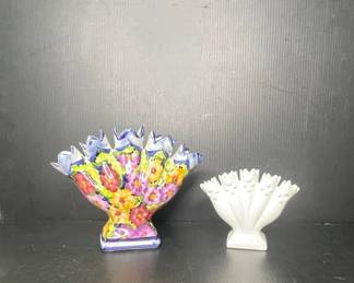 Vtg Fan-Shaped Vases: Hand-Painted Ceramic and Milk Glass