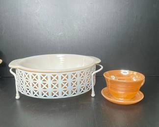Fire-King Amber Casserole Dish with Metal Stand and Fire-King Amber Cup and Saucer