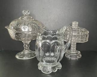 Pressed Glass Pitcher, Covered Compote, and Candy Dish
