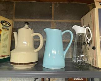 Vintage Ceramic Teapot, Light Blue Pitcher, and Glass Syrup Dispenser