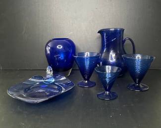 Cobalt Blue Swirl Glass Pitcher and Goblets Set Vtg