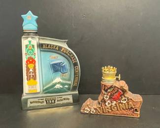 Jim Beam Alaska Purchase Centennial Bourbon Whiskey Decanter and Virginia "Old Dominion" Lighter