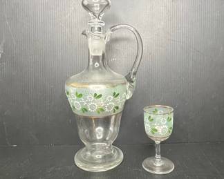 Victorian Frosted Glass Decanter and Liqueur Glass Set with Floral Enamel and Gold Trim
