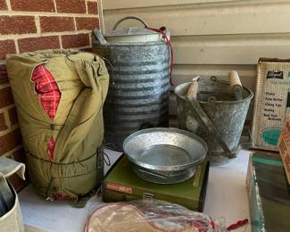 Vintage Galvanized Steel Water Cooler and Assorted Metalware