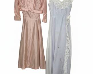 Vintage Pink Satin Two-Piece Ensemble and Lavender Lace Gown