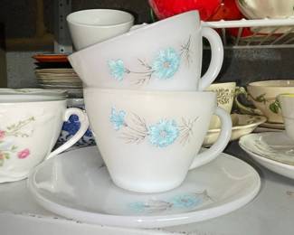 Fire-King 'Bonnie Blue' Milk Glass Coffee Cups and Saucers