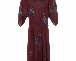 Vintage Burgundy Floral Chiffon Midi Dress