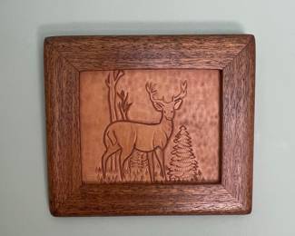 Carved Leather Wall Art with Deer and Tree