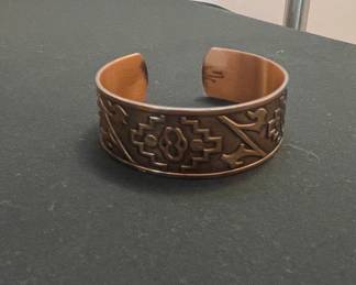 Vintage Etched Copper Cuff Bracelet with Geometric and Floral Motifs