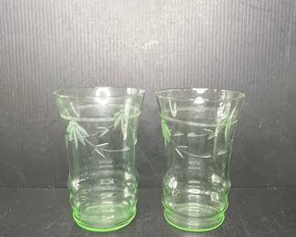 Vintage Green Glass Bamboo Etched Tumblers 