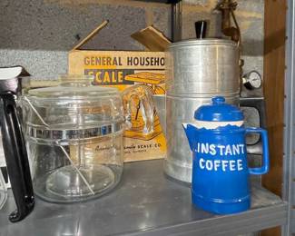 Vintage Glass Percolator and Blue Enamelware "Instant Coffee" Pot