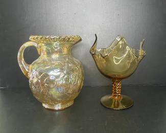 Indiana Glass Harvest Grape Amber Carnival Glass Pitcher and Footed Bowl