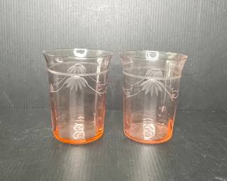 Pink Depression Glass Tumblers with Etched Floral Design