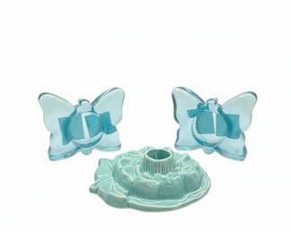 Blue Glass Butterfly Candle Holders and Teal Ceramic Rose Candlestick Holder