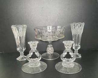 Etched Glass Candlestick Holders and Compote Set