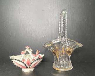 Vintage Ceramic Basket with Applied Flowers and Birds, and Vintage Glass Basket with Gold Overlay Vine Motif