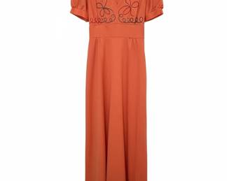 Vintage 1970s Orange Maxi Dress with Floral Embroidery