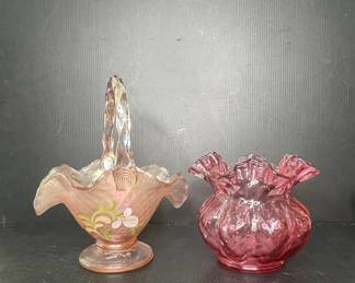 Fenton Pink Opalescent Glass Basket with Floral Enamel and Fenton Cranberry Glass Vase