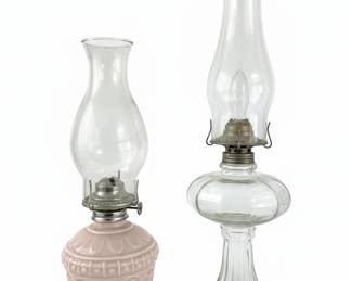 Pair of Vintage Oil Lamps: Pink Embossed Base and Clear Glass Hurricane