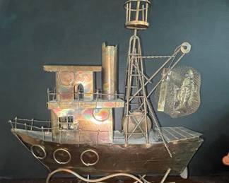 Vintage Curtis Jere Style Copper Fishing Trawler Sculpture