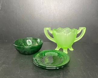 Green Depression Glass Footed Sugar Bowl and Embossed Bowl with Saucers