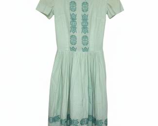 Vintage Light Green Gingham Dress with Geometric Print