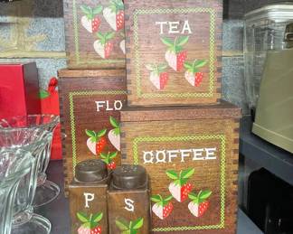 Vintage Styson Woodcrest Strawberry Canister Set with Salt and Pepper Shakers