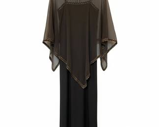 Vtg Sheer Overlay Cape Dress with Gold Trim