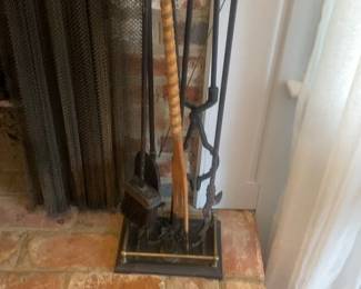 Vintage Brass and Wrought Iron Fireplace Tool Set with Stand