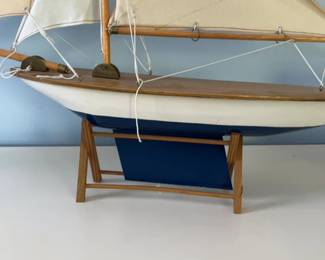 Vintage Handcrafted Wooden Model Sailboat with Fabric Sails
