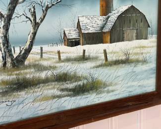 Vintage Framed Barn in Winter Landscape Oil Painting by Everett Woodson