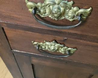 Antique Dark Wood Sideboard with Ornate Brass Hardware