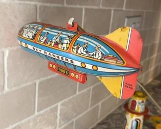 Sky Ranger Wind-Up Toy, 1930s Tin Litho Plane, Dirigible, Mechanical Toy