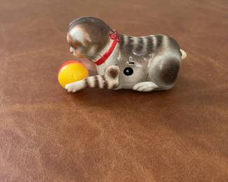 Vintage Tin Wind-Up Cat Playing with Ball Toy