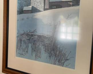 Framed Winter Landscape Lithograph of Stone Barn