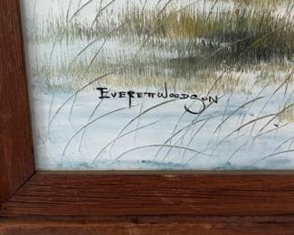 Vintage Framed Barn in Winter Landscape Oil Painting by Everett Woodson